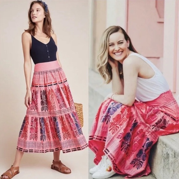 Anthropologie Auberte Poplin Tiered Midi Skirt by Blooming Print - Picture 1 of 9